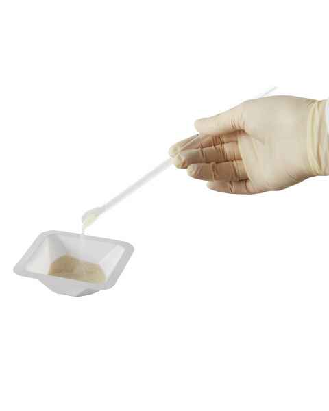 Heathrow Scientific Sterile Standard Square Weighing Boat - White, Antistatic is shown in use. Scoop NOT included.