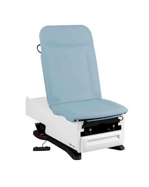 Model 3003-500-305BS FusionONE ProGlide Power Hi-Lo Manual Backrest Exam Table with Contoured Top, WheelBase System, Foot Control, Stirrups, Drawer Warmer, Pelvic Tilt & Electrical Receptacle - Blue Skies