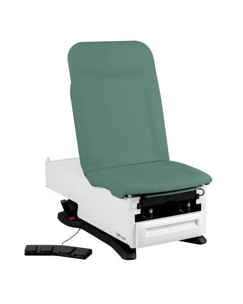 Model 3502-500-305ML FusionONE+ ProGlide Power Hi-Lo Power Backrest Exam Table with Contoured Top, WheelBase System, Foot Control & Stirrups - Mint Leaf