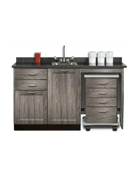 Clinton 58060MR Fashion Finish 60" Wide Cart-Mate Cabinet with Right Side 4-Drawer Cart, Middle Single Door in Metropolis Gray and Black Alicante Countertop. NOTE: Supplies and Optional Sink Model 022 are NOT included.