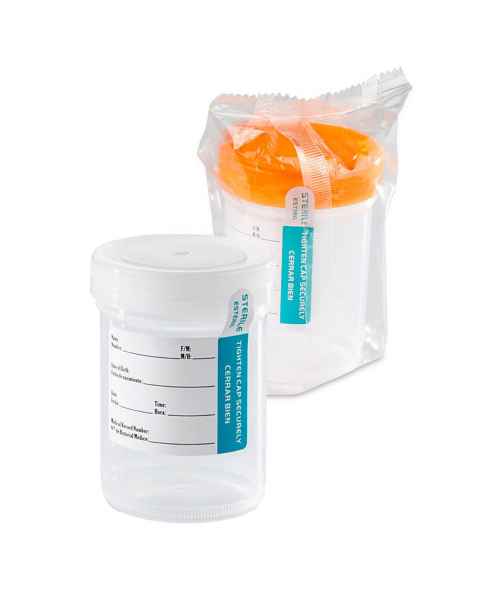 Globe Scientific Serile 120mL (4oz) Tite-Rite Container with Tab Seal ID Label - Natural Screw Cap (6528) and Orange Screw Cap (6529)