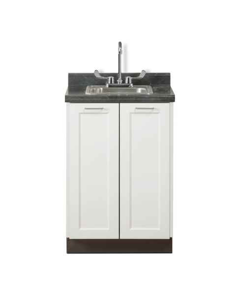 Clinton Fashion Finish Arctic White 24" Wide Base Cabinet Model 8624 shown with Black Alicante Postform Countertop with Sink and Wing Lever Faucet Model 24P