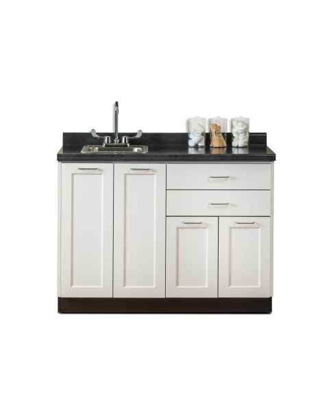 Clinton Fashion Finish Arctic White 48" Wide Base Cabinet Model 8648 shown with Black Alicante Postform Countertop with Sink and Wing Lever Faucet Model 48P