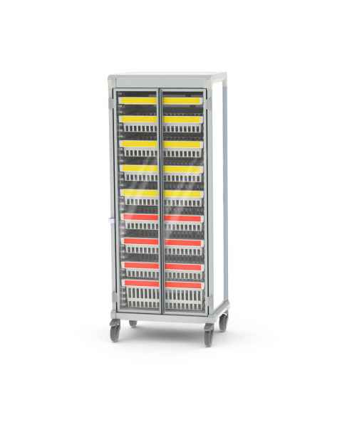 Pegasus APL-4.0E-GD Apollo E Type Medical Storage Cart with 4 Panels, Single Column, Glass Door. This image includes Trays and Baskets that are NOT included.