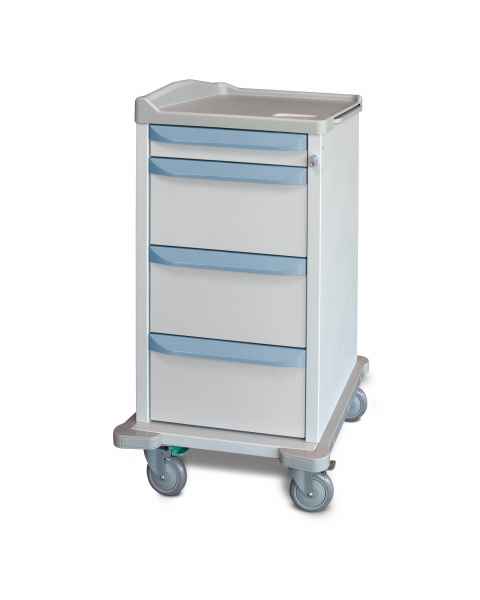 Capsa M-Series M2PC Standard Punch Card Medication Cart with (1) 3.75" Supply Drawer, (3) 10" Punch Card Drawers, Key Lock, Blue-Gray Accent Color.  Image shown with Pullout Writing Surface - NOT included