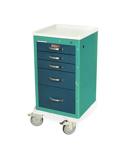 Harloff MDS1824K05 M-Series Mini Width Short Treatment Cart Five Drawers with Key Lock, 5" Casters. Shown with a Teal body and Hammer Tone Blue drawers.