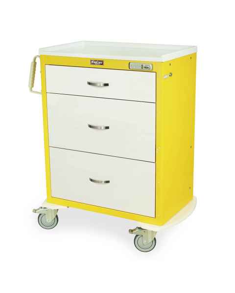 Harloff MDS3030E03 M-Series Standard Width Tall Isolation Cart Three Drawers with Basic Electronic Pushbutton Lock.  Cart shown with a Yellow body and White drawers.