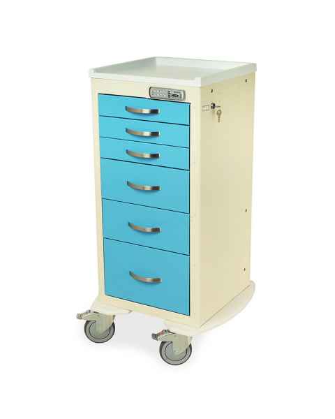 Harloff MPA1830E06 A-Series Lightweight Aluminum Mini Width Tall Medical Cart Six Drawers with Basic Electronic Pushbutton Lock.  Color shown with a Cream body and Light Blue drawers.