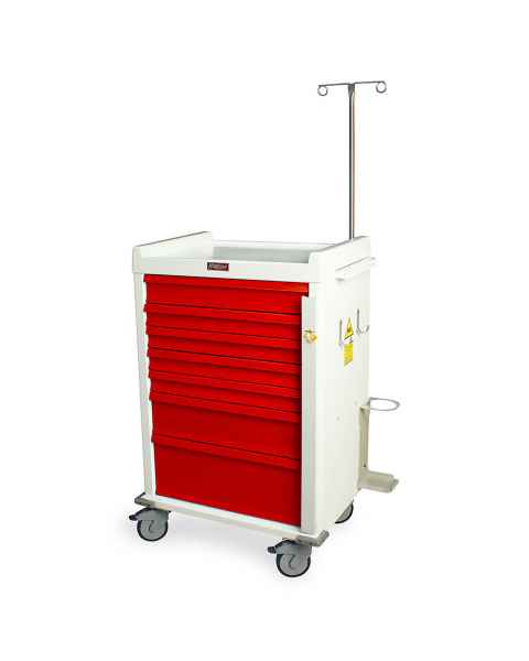 Harloff MR7B-EMG MR-Conditional Emergency Cart Seven Drawer with Breakaway Lock, Accessory Package.  Color shown with a White body and Red drawers.