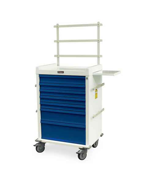 Harloff MR7K-MAN MR-Conditional Anesthesia Cart Seven Drawer with Key Lock, Accessory Package.  Color shown with White body and Navy drawers.