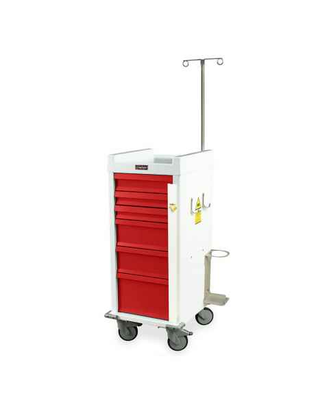 Harloff MRN6B-EMG Narrow Body MR-Conditional Emergency Cart Six Drawers with Breakaway Lock, Accessory Package. Color shown  with a White body and Red drawers.