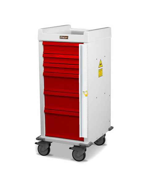 Harloff MRN6B Narrow Body MR-Conditional Emergency Cart Six Drawer with Breakaway Lock.  Color shown with a White body and Red drawers.