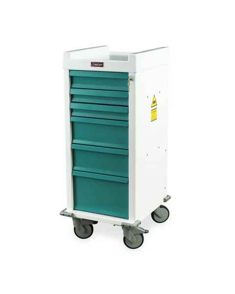 Harloff MRN6K Narrow Body MR-Conditional Anesthesia Cart Six Drawers with Key Lock shown in White body with Teal drawers.