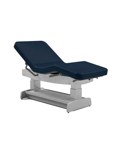 Oakworks PF400 Exam Table shown with Sapphire Fabric and Optional Gray Lacquer