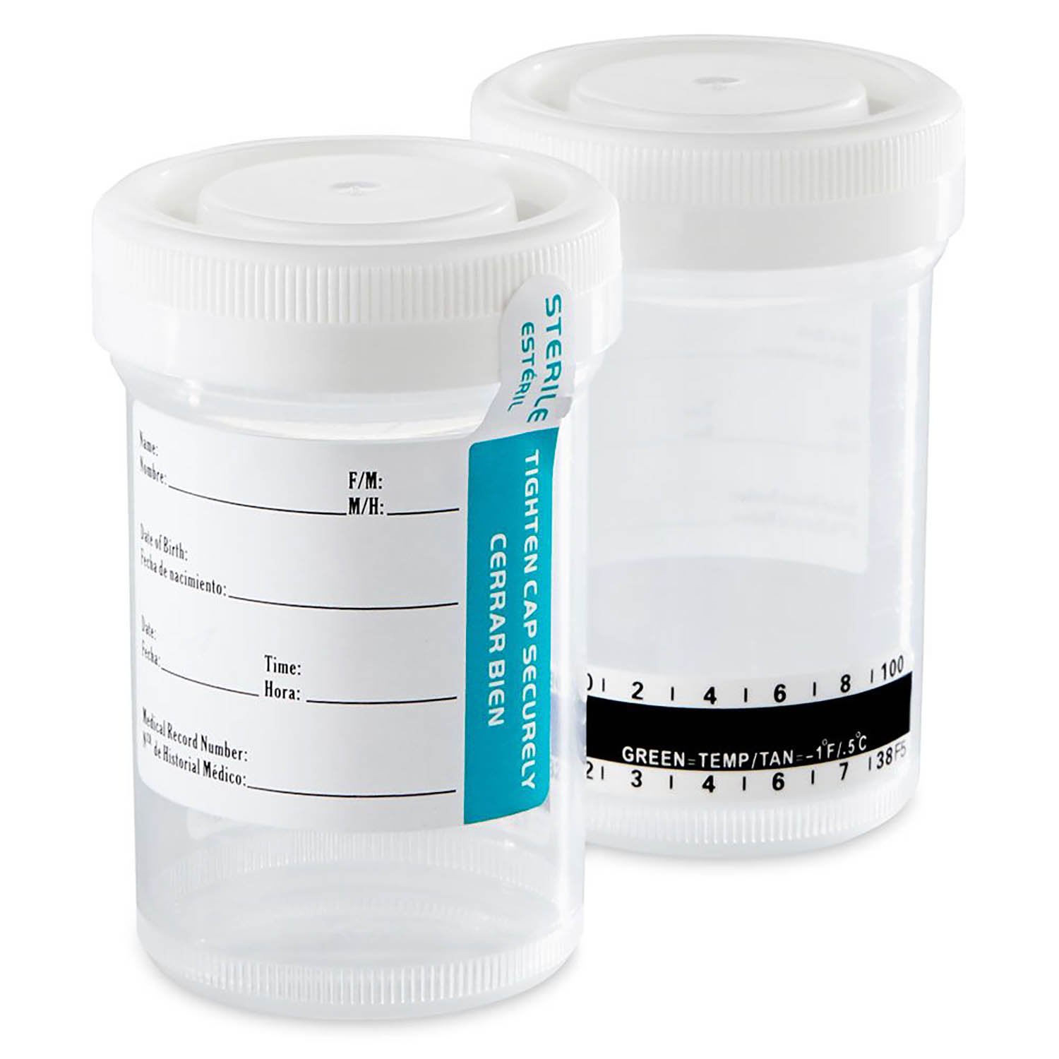 90mL (3oz) Tite-Rite Container with Attached Screw Cap, Tab Seal ID Label and Thermometer Strip - Sterile (Case of 400)