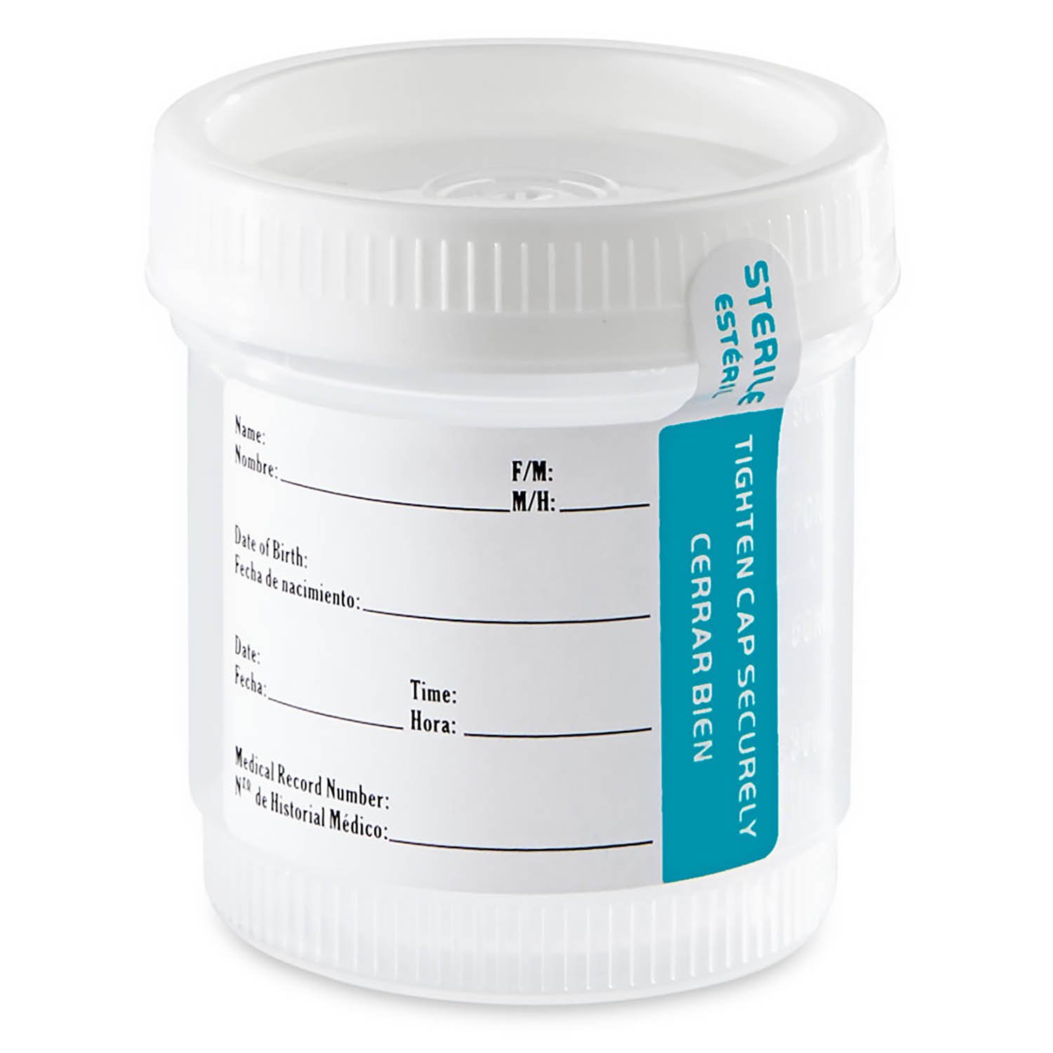 90mL (3oz) Tite-Rite Container with Attached Screw Cap and Tab Seal ID Label - Sterile - Wide Mouth (Case of 300)