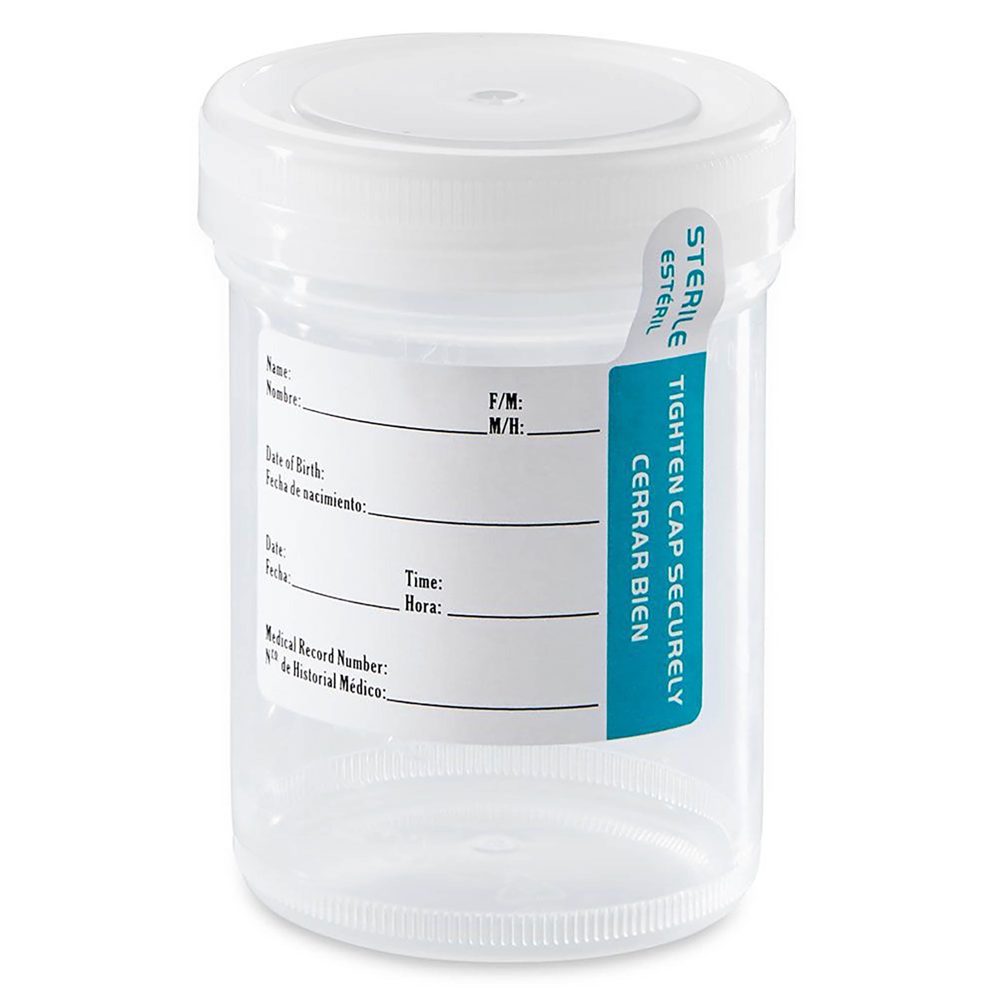 120mL (4oz) Tite-Rite Container with Attached Natural Screw Cap and Tab Seal ID Label - Sterile (Case of 300)