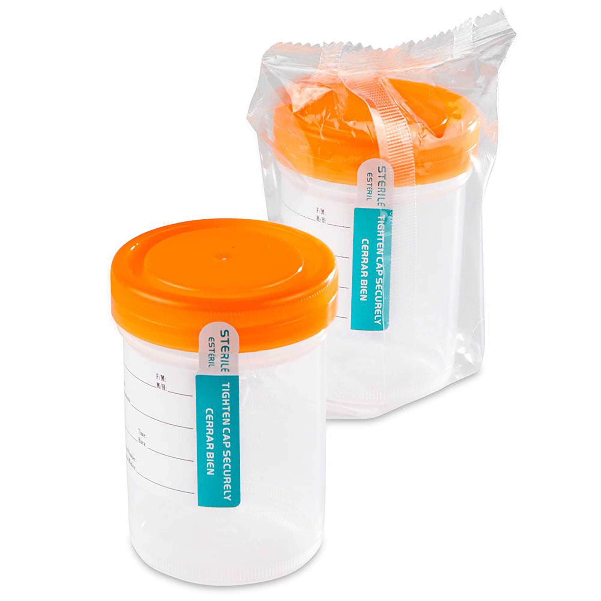 120mL (4oz) Tite-Rite Container with Attached Orange Screw Cap and Tab Seal ID Label - Individually Wrapped - Sterile (Case of 100) - BACKORDER UNTIL 8/7/24