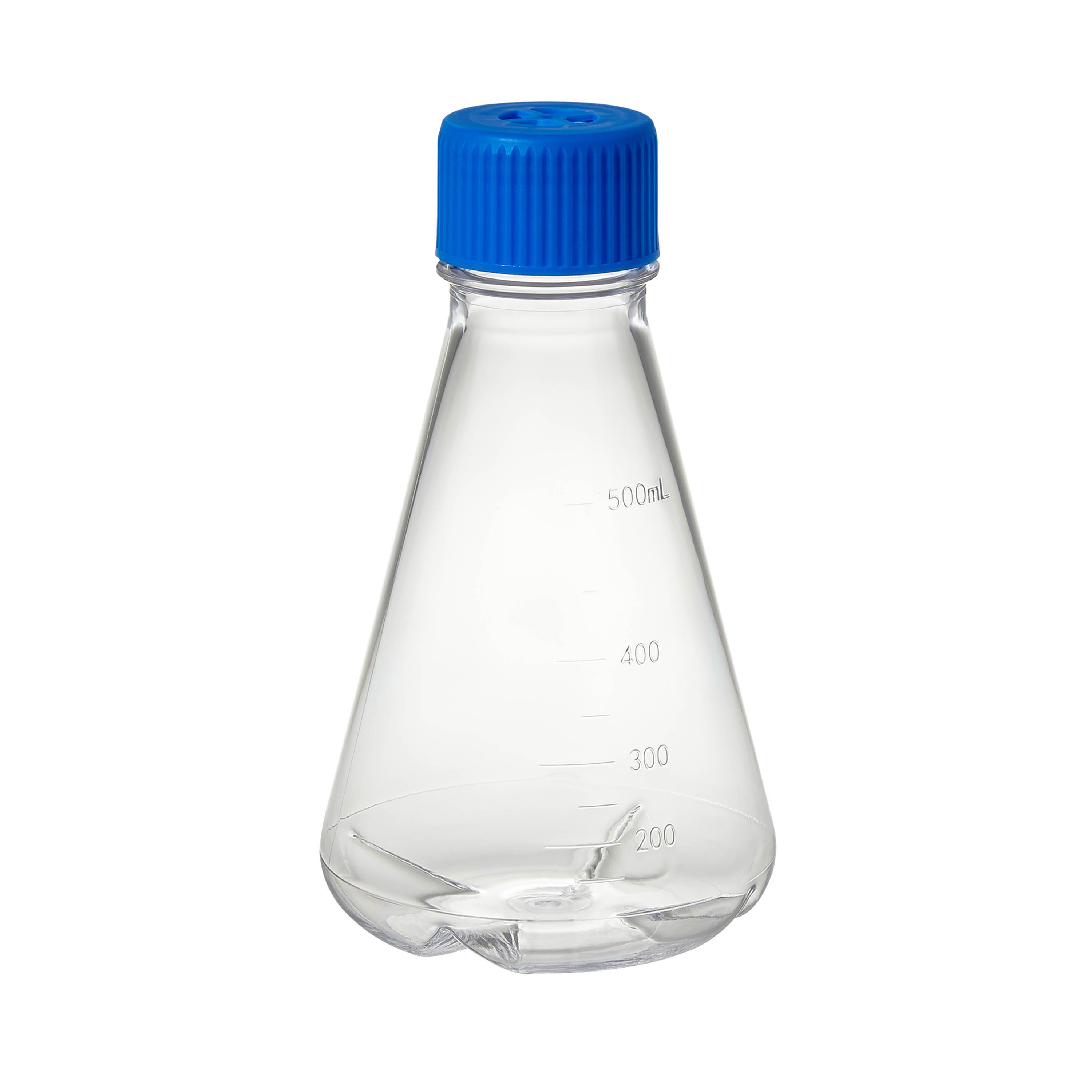 Erlenmeyer Flask, Polycarbonate, with PP Vented Screw Cap, Baffled Bottom - 500mL (Case of 12)