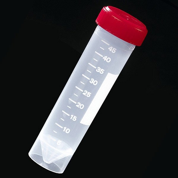 50mL Centrifuge Tube with Attached Red Screw Cap - Self-Standing Conical Bottom - PP - Sterile