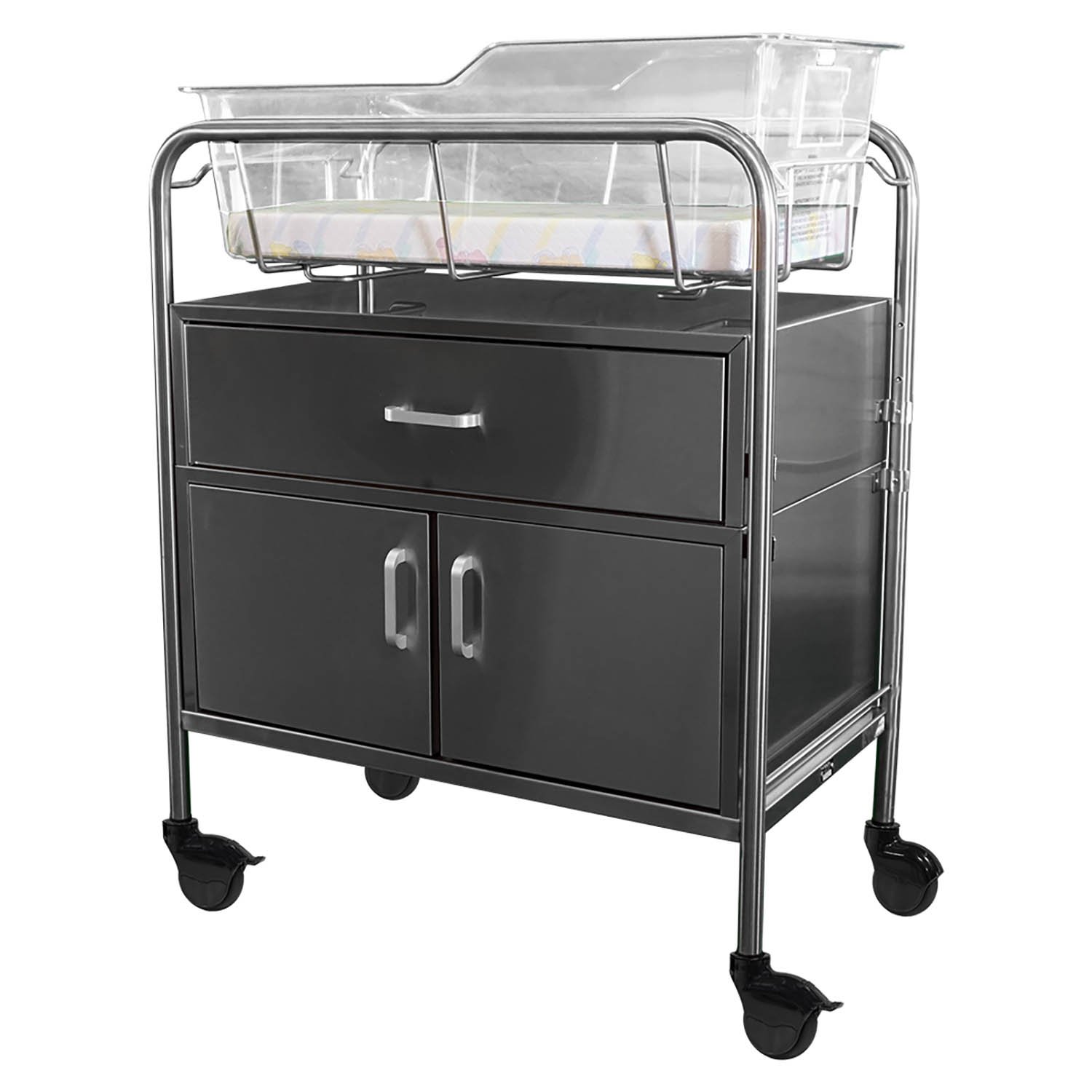 Stainless Steel Hospital Bassinet Carrier with Drawer & Closed Cabinet