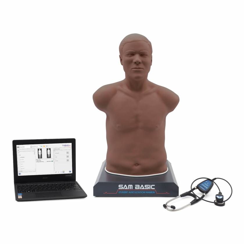 3B Scientific 1023422 SAM Basic® - Affordable Adult Auscultation Manikin with SimScope® Training Stethoscope and Laptop, Dark Skin Tone