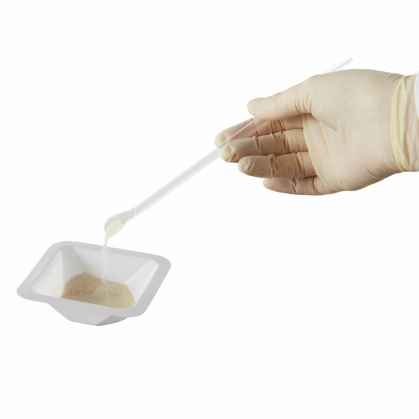 Heathrow Scientific Sterile Standard Square Weighing Boat - White, Antistatic is shown in use. Scoop NOT included.