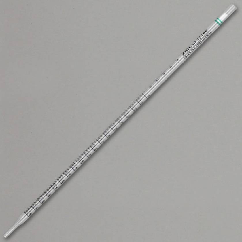 2mL Plastic Serological Pipettes - 275mm - Green Striped Color Coded