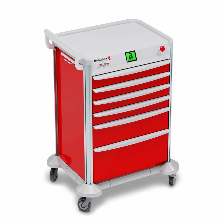 DETECTO 2022648 MobileCare Series Medical Cart - Red, Six 23" Wide Drawers with Quick Release Lock, 1 Handrail