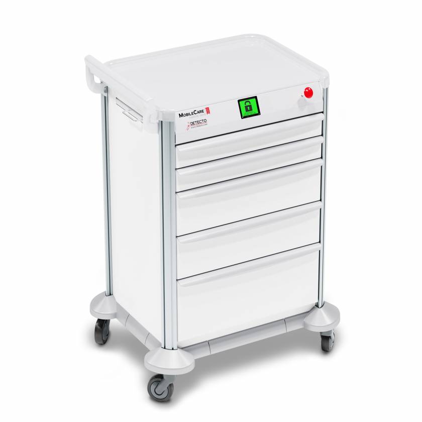 DETECTO 2022802 MobileCare Series Medical Cart - White, Five 23" Wide Drawers with Quick Release Lock, 1 Handrail