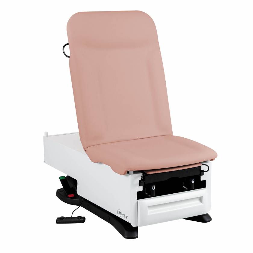 Model 3002-500-305CH FusionONE ProGlide Power Hi-Lo Manual Backrest Exam Table with Contoured Top, WheelBase System, Foot Control & Stirrups - Cherry Blossom