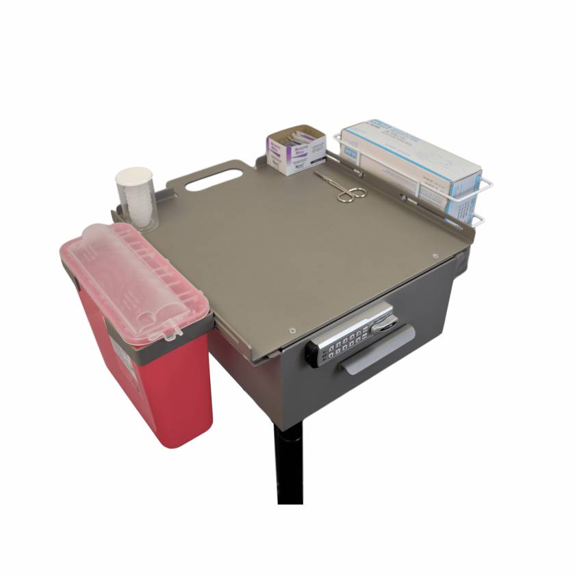 OmniMed 350341 Store & Go Phlebotomy Cart with E-Lock, Single Glove Box Holder, and Adjustable Brackets - Top View (Sharps Container and Supplies NOT included)