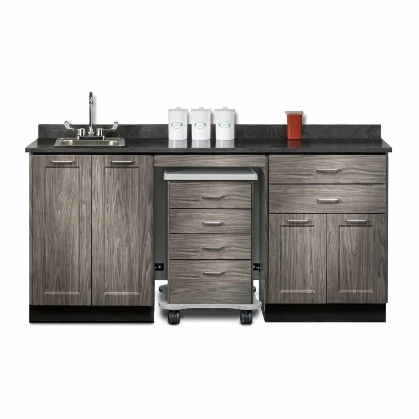 Clinton 58072SL Fashion Finish 72" Wide Cart-Mate Cabinet with Centered 4-Drawer Cart, Left Side Double Doors in Metropolis Gray Finish and Black Alicante Laminate Countertop. NOTE: Supplies and Optional Sink Model 022 are NOT included.