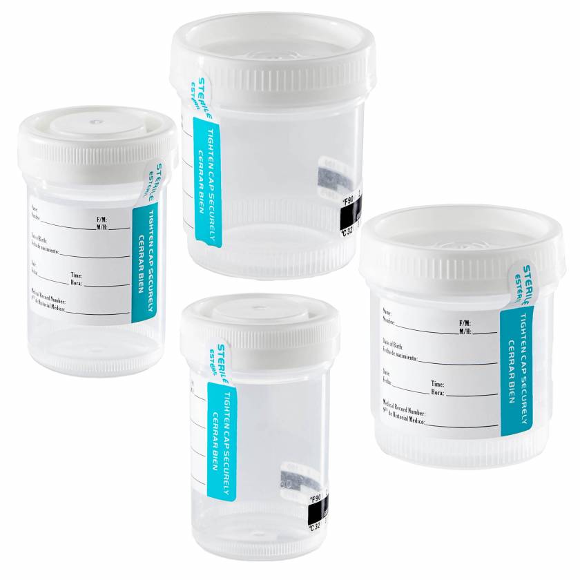 Globe Scientific 90mL (3oz) Tite-Rite Container with Attached White Screw Cap and Tab Seal ID Label - Sterile