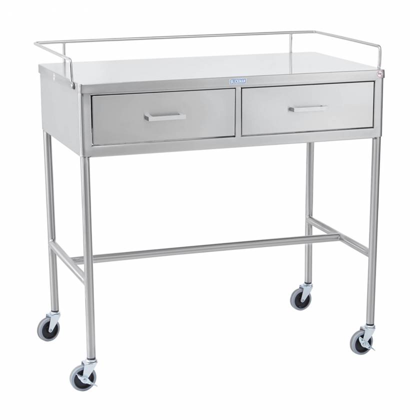 Blickman Model 7856SS Stainless Steel Utility Table with H-Brace, Guard Rail and Two Side by Side Drawers
