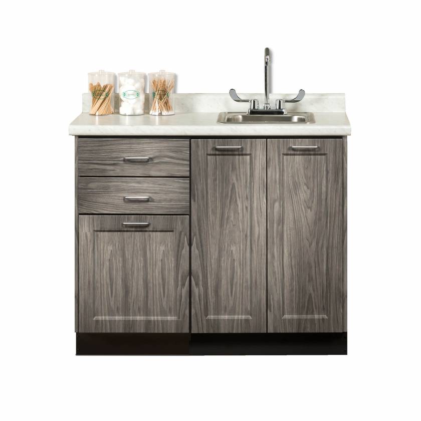 8642 Fashion Finish 42 Wide Base Cabinet With 3 Doors And 2 Drawers Metropolis Gray Shown With White Carrara Postform Countertop 