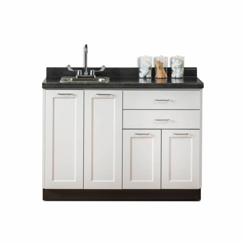 Clinton Fashion Finish Arctic White 48" Wide Base Cabinet Model 8648 shown with Black Alicante Postform Countertop with Sink and Wing Lever Faucet Model 48P