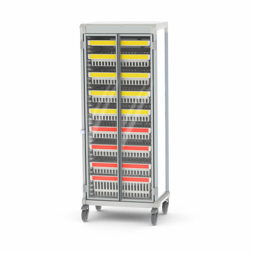Pegasus APL-4.0E-GD Apollo E Type Medical Storage Cart with 4 Panels, Single Column, Glass Door. This image includes Trays and Baskets that are NOT included.