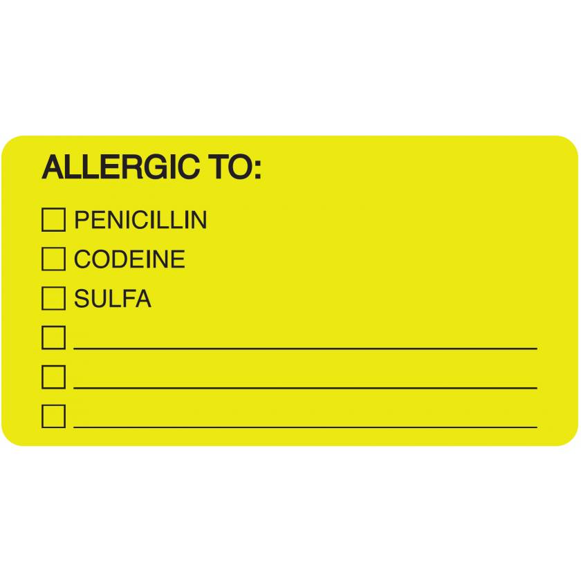 ALLERGIC TO Label - Size 3 1/4"W x 1 3/4"H - Fluorescent Chartreuse - Box of 500