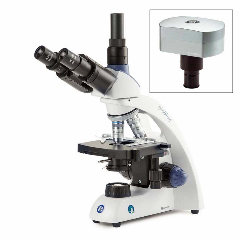 Globe Scientific EBB-4253-DC18 BioBlue Trinocular Compound Microscope SMP 4/10/S40/S100x Oil Objectives with Mechanical Stage and CMEX-18 Pro Camera