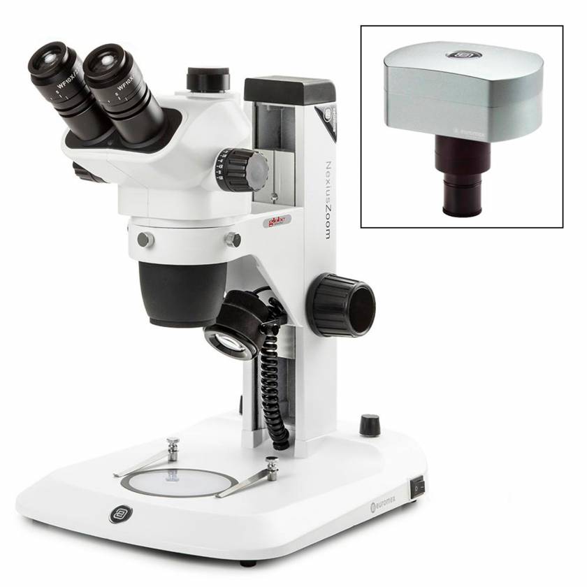 Globe Scientific ENZ-1703-S-DC18 NexiusZoom EVO Trinocular Stereo Microscope, HWF 10x/23mm Eyepieces, Plan Achromatic 0.65x - 5.5x Zoom Objective, Rack & Pinion Stand, CMEX-18 Pro Camera