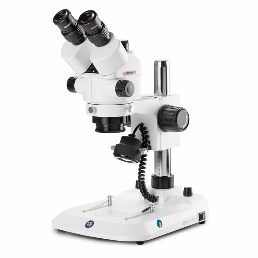 Globe Scientific ESB-1903-P StereoBlue Trinocular Stereo Microscope, WF 10x/21mm Eyepieces with Eyecups, 0.7x - 4.5x Zoom Objective, Pillar Stand