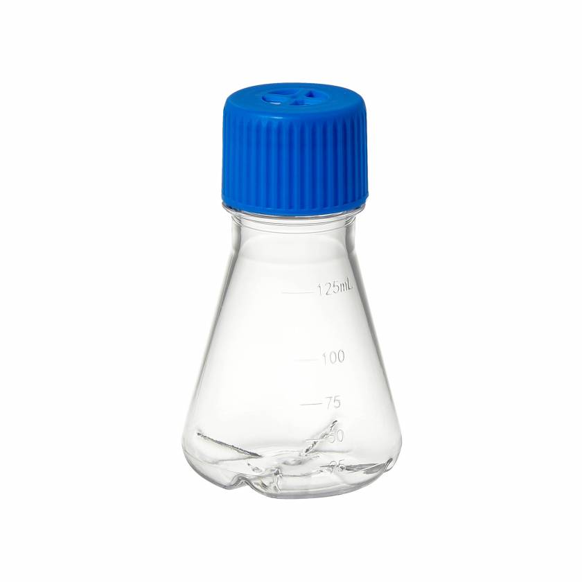 Flask, Erlenmeyer, 125 ml, Sterile, Baffled, Polycarbonate, 38-430 with  Blue Duo Cap, BulK PACK, case/144