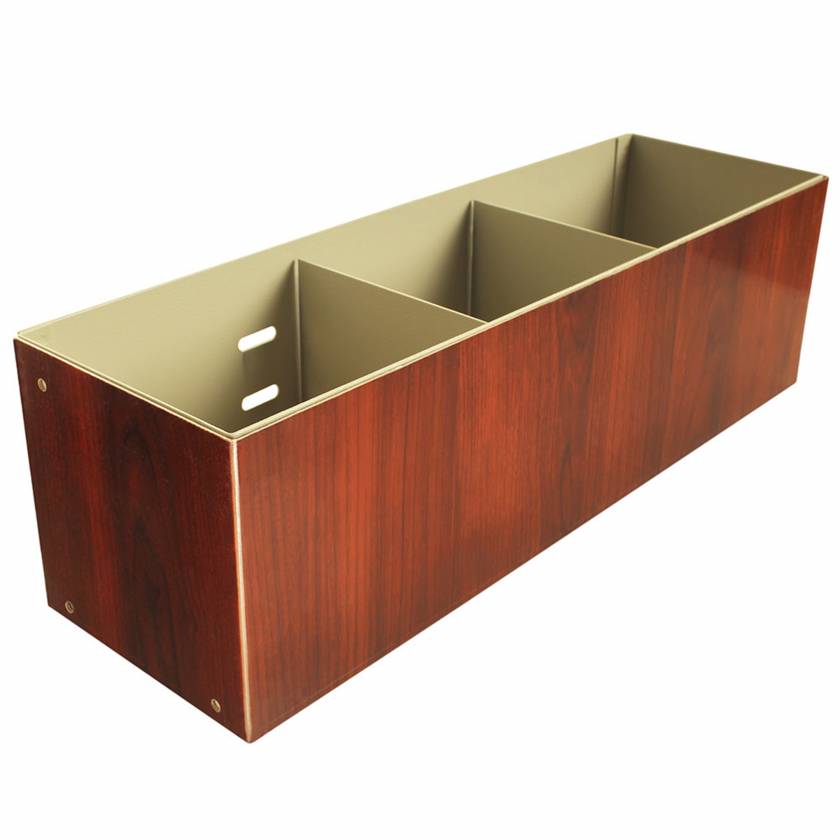 The image depicts the Harloff WV-2359 Cherry Mahogany Wood Vinyl Medical Cart Cup and Straw Holder, Three Sections without Lid,  Direct Mount. This product item WV-2361 is similar but has two (2) sections.