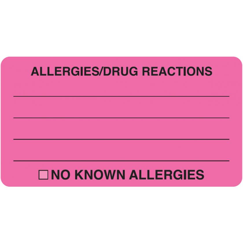 ALLERGIES DRUG REACTIONS Label - Size 3 1/4"W x 1 3/4"H - Fluorescent Pink