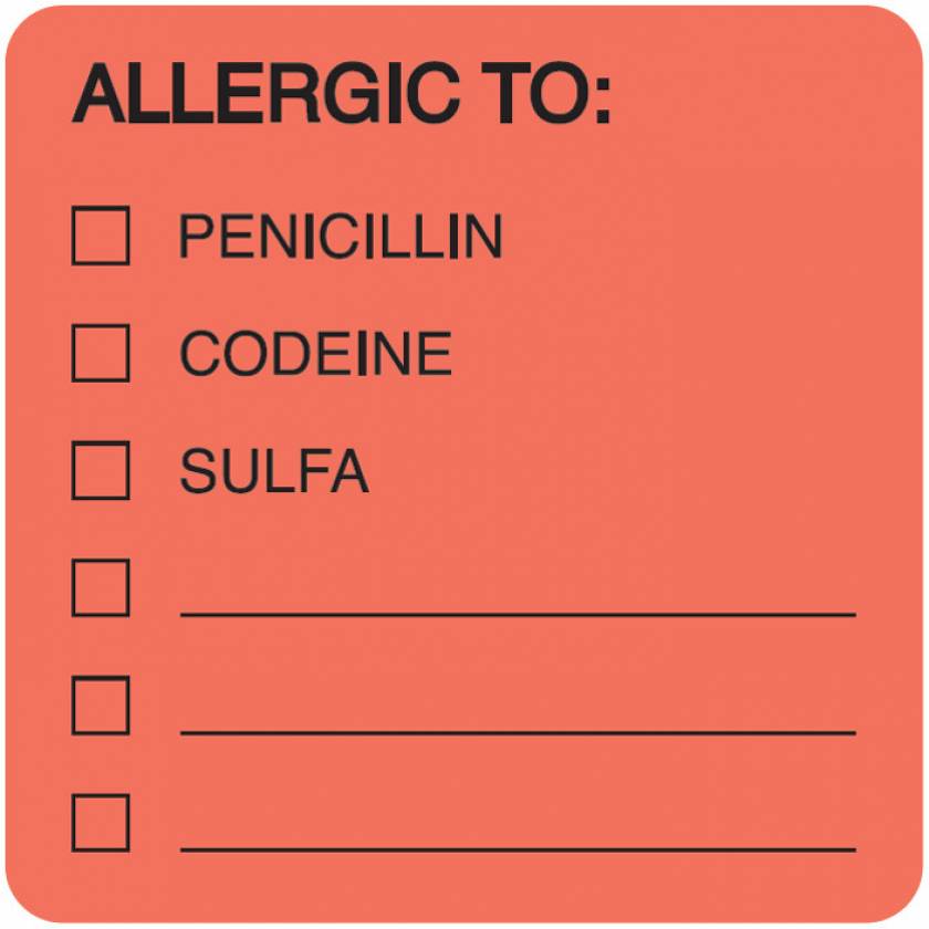 ALLERGIC TO Label - Size 2"W x 2"H