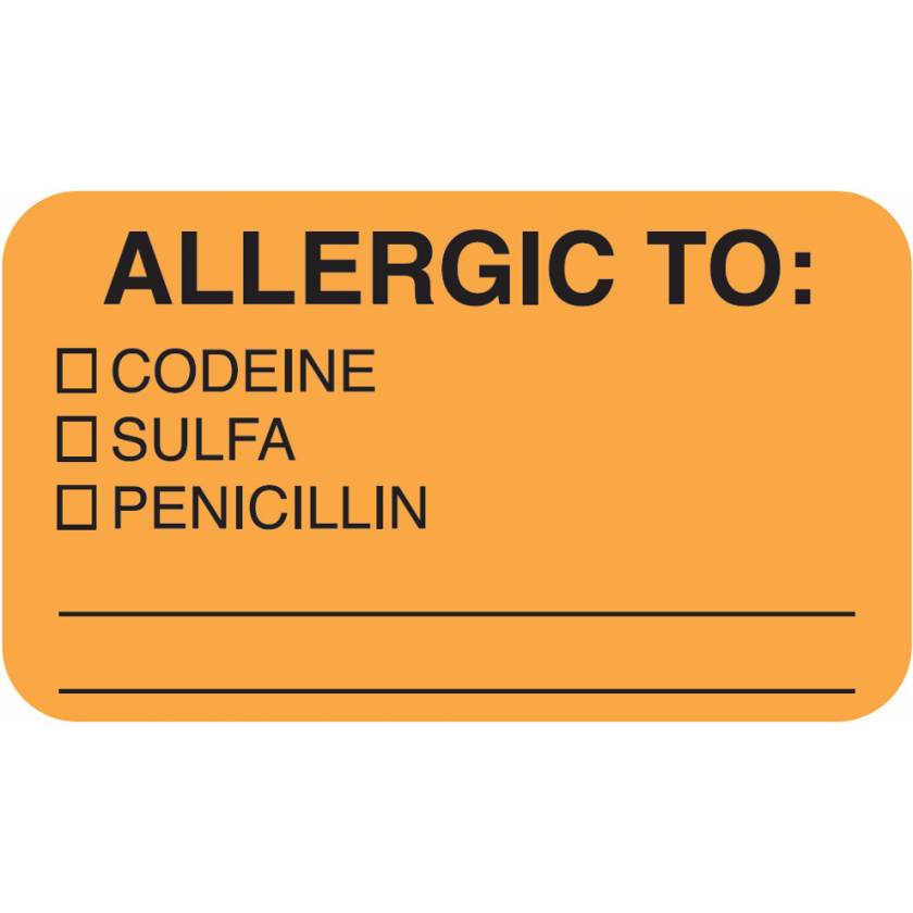ALLERGIC TO Label - Size 1 1/2"W x 7/8"H