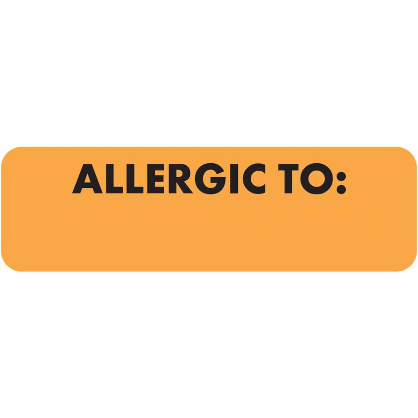 ALLERGIC TO Label - Size 2 1/2"W x 3/4"H - Black Font on Fluorescent Orange