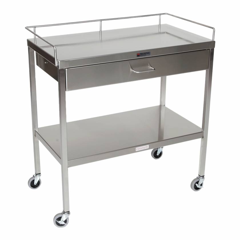 MidCentral Medical MCM526 Stainless Steel Utility Table 18" W x 33" L x 34" H, with 1 Drawer, Lower Shelf and 3-Sided Top-Guardrail