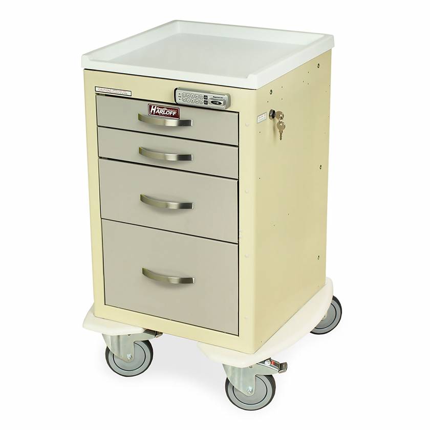 Harloff MDS1821E14 M-Series Mini Width X-Short Procedure Cart Four Drawers with Basic Electronic Pushbutton Lock.  Shown with a Beige body and Light Gray drawers.